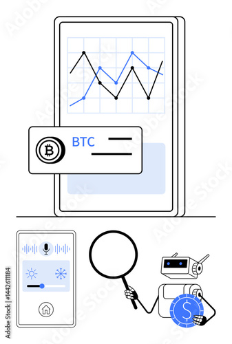 Mobile screen displaying cryptocurrency price trends and analytics, smart robot holding magnifying glass. Ideal for finance, technology, AI, investment, blockchain, innovation futurism. Flat simple