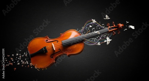 Violin transforming into musical notes and birds on dark backdrop