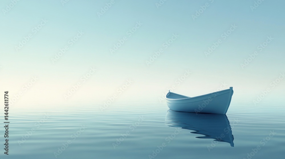 Obraz premium Single boat on calm sea, minimalist