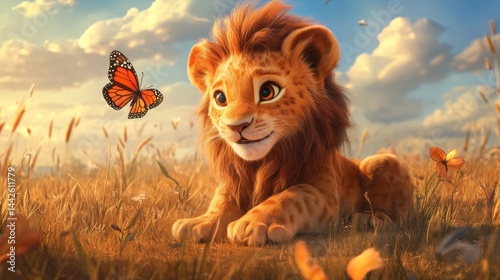 Adorable lion cub in a golden savanna landscape.  A butterfly floats nearby