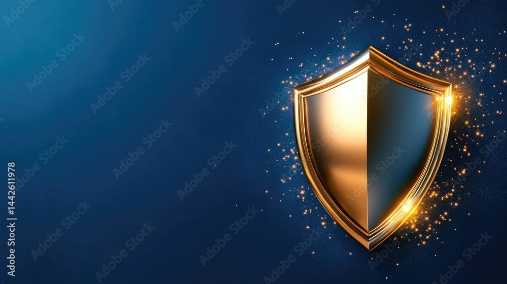 Fototapeta premium Golden shield protection illuminated by sparks. Security, data safety, privacy services backdrop for internet website, finance backdrop design with copy space