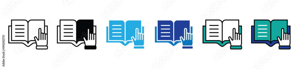 Fototapeta premium online learning hand pointing read book icon set student learning click book business dictionary education literature vector illustration information guide instruction signs for web and app