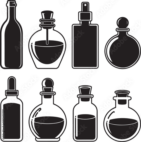 Silhouettes of bottles wine, potion, perfume, plastic, glass jar, vial, minimalist black clipart
