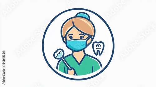 Female dentist in scrubs with a mask and dental tools