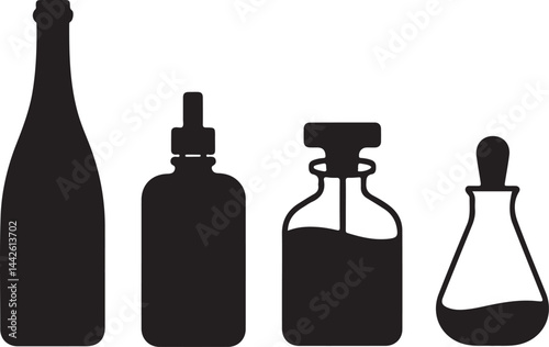 Silhouettes of bottles wine, potion, perfume, plastic, glass jar, vial, minimalist black clipart
