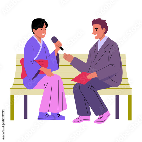 Two characters doing language exchange practice, flat illustration