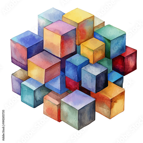 colorful abstract geometric blocks, watercolor drawing, isolated on a white background. colorful abstract geometric blocks vector.