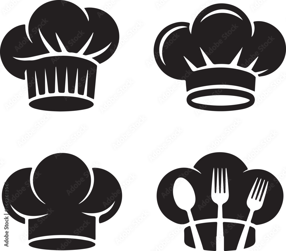 Chef hats silhouette set tall toque, side view, stylized chef icon, spoon, fork, black culinary clipart
Chef hats silhouette set tall toque, side view, stylized chef icon, spoon, fork, black culinary clipart
