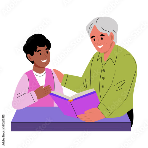 A storytelling grandfather illustration in flat style