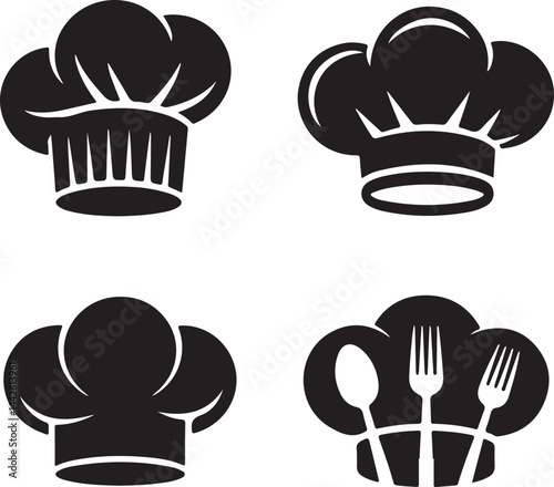 Chef hats silhouette set tall toque, side view, stylized chef icon, spoon, fork, black culinary clipart
