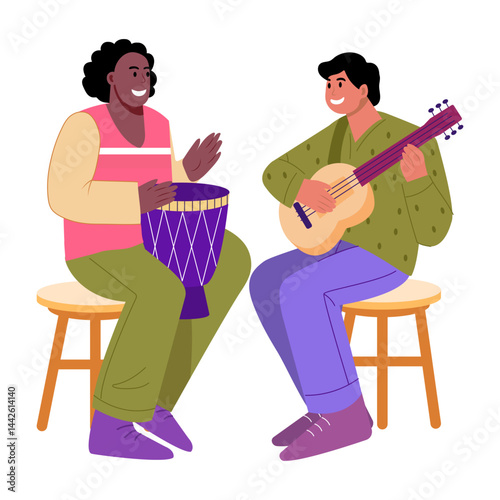 A flat style illustration showing two characters playing cultural music