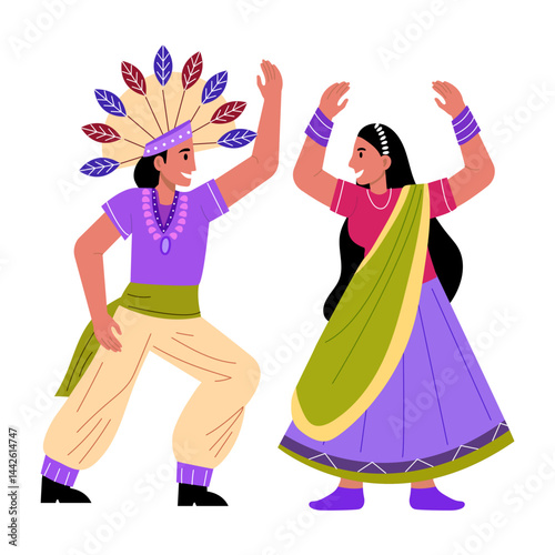 A cute couple performing native dance, flat style illustration