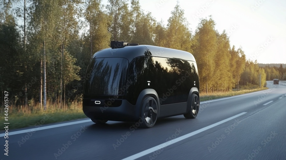 Fototapeta premium Futuristic Autonomous Delivery Vehicle on Road in Scenic Countryside