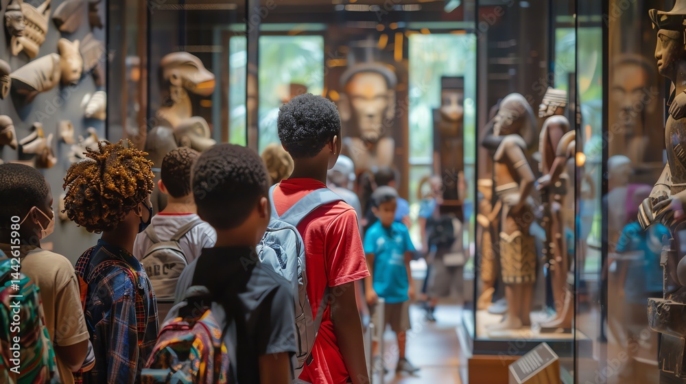 Obraz premium Curious kids explore a natural history museum, mesmerized by a towering dinosaur skeleton.