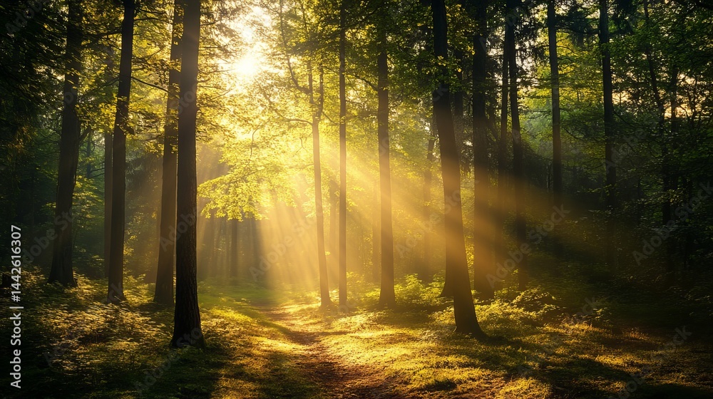 Fototapeta premium Golden sunlight beams in a lush green forest path magical nature scene tranquil serene atmosphere