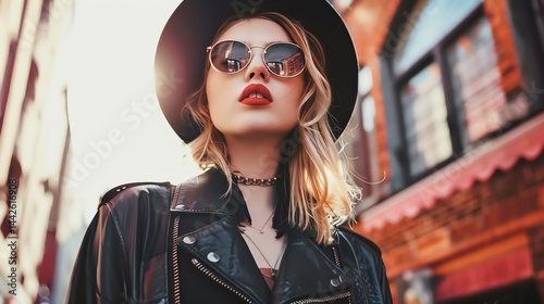  Stylish blonde woman in a black leather jacket and hat,  cool sunglasses reflecting
