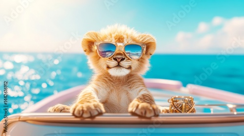 Little lion cub in sunglasses on a boat enjoying the summer vacation. Childish animal character for cheerful holiday and travel concept.