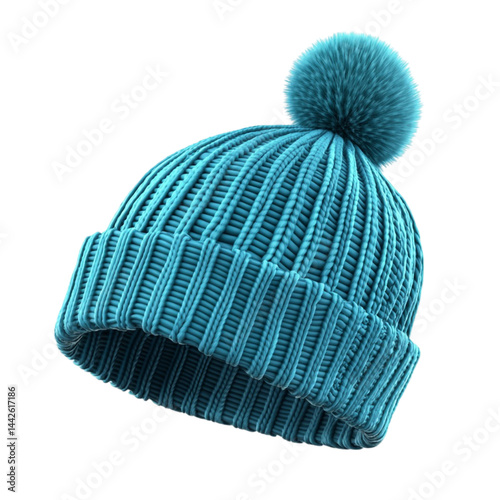 Teal knitted beanie hat with fluffy pompom winter fashion accessory
