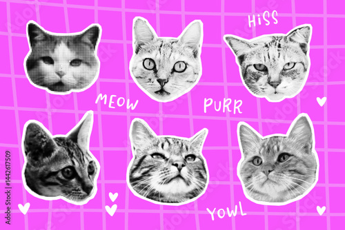 Cat faces collage set in halftone style. Retro Vibe and Urban Aesthetic. Trendy Digital Art Concepts. Grunge punk collection. Dotted pop art style. Y2k collage design