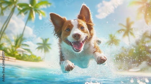 Joyful dog jumping and splashing in the water at a tropical beach. Playful pet enjoying summer vacation. Fun and active animal outdoors for travel and recreation.