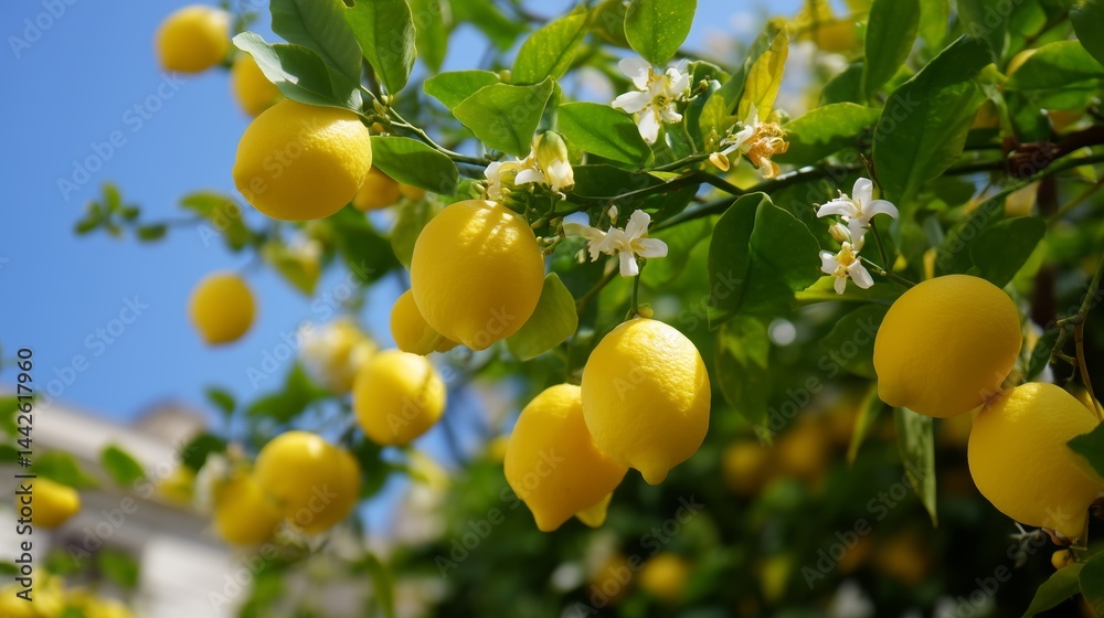 Lemon tree with ripe yellow lemons and white flowers in bright sunlight during a clear day Lemon tree with ripe yellow lemons and white flowers in bright sunlight during a clear day