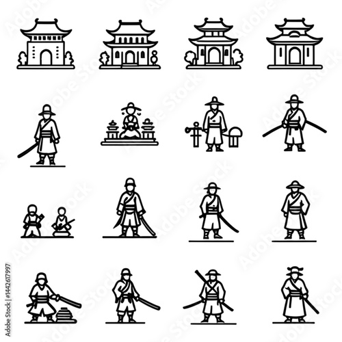日本の城と侍アイコンセット｜Japanese Castles and Samurai Icon Set