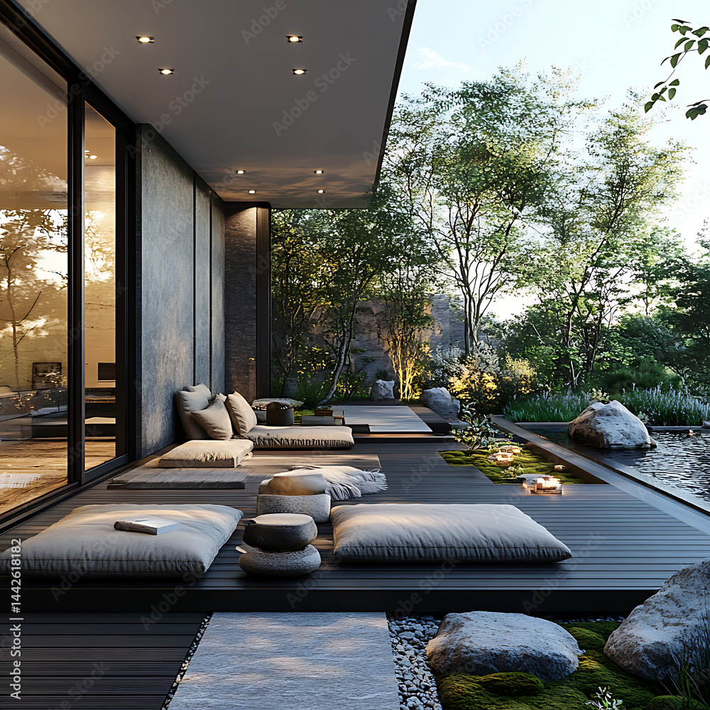 Fototapeta premium Zen-inspired deck with heavily textured dark timber floors, lush moss planters, and simple beige and gray seating, composed for a peaceful atmosphereRed Devil,