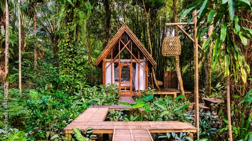 Serene bamboo retreat cabin in lush rainforest paradise perfect for relaxation and escape
