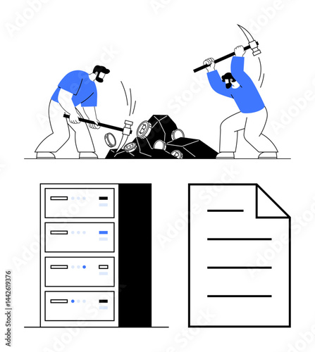 Workers using pickaxes to mine crypto from rocks, server racks symbolizing blockchain storage, and a document indicating data. Ideal for finance, crypto, teamwork, tech, blockchain, data mining