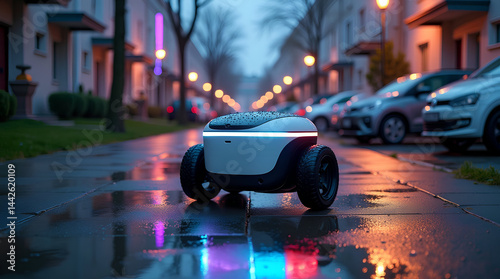 Autonomer Lieferroboter auf Bürgersteig bei Nieselregen
