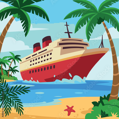 75.epsA colorful cartoon illustration of a smiling cruise ship sailing on the ocean with palm trees, blue sky, and a sandy beach in the foreground. Perfect for summer vacation, travel, and adventure c