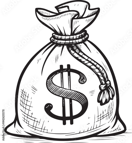 Sack of Money, Dollar Bag, Payment, Ransom, Price Black and White Vector Illustration, Sketch Drawing Line Linear Symbol Icon Engraving, Hand-drawn Isolated