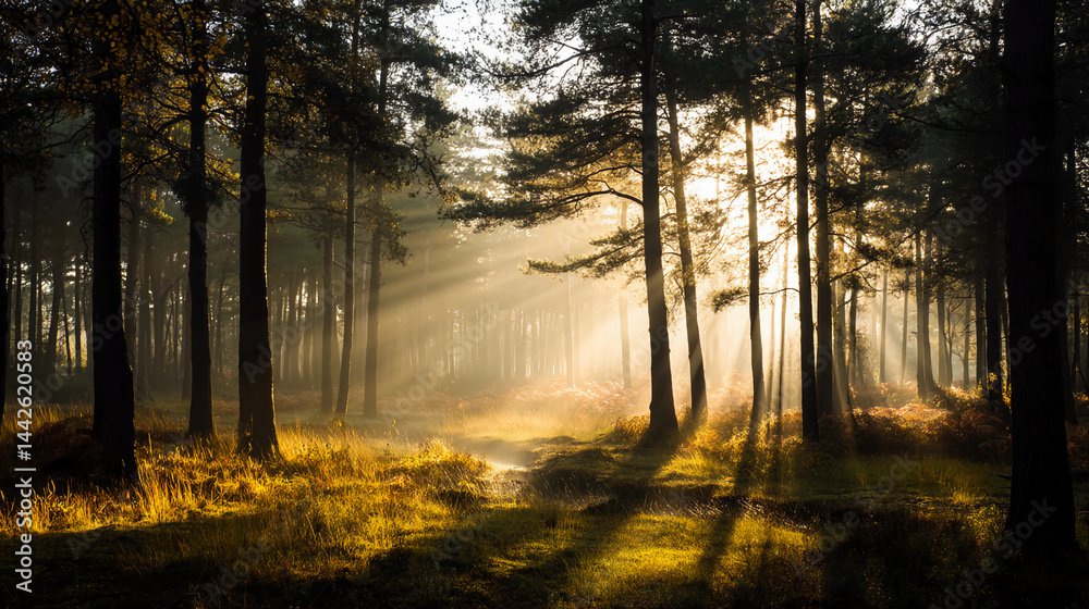 Naklejka premium Forest with golden sunlight breaking through mist