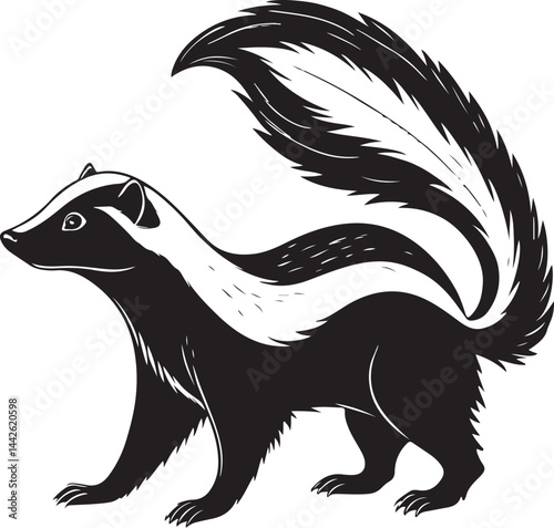 Skunk Animal, Black and White Vector Illustration, Sketch Drawing Line Linear Symbol Icon Engraving, Hand-drawn Isolated