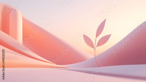 Pastel Pink Abstract Landscape with Minimalist Plant