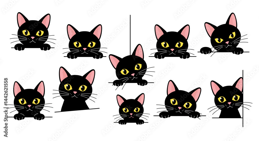 Fototapeta premium Four Playful Black Cats Peeking Over a Blank Space
