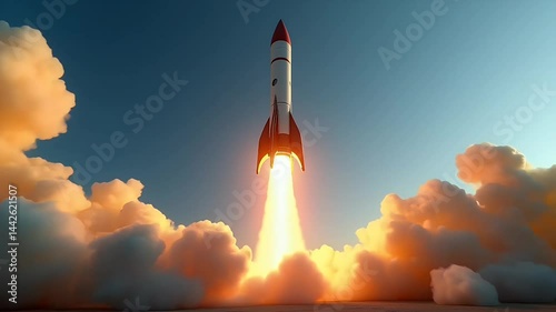 A rocket launching on blue sky background
