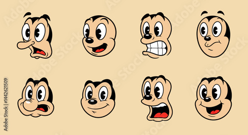 Four Vintage Cartoon Faces with Exaggerated Features and Expressions