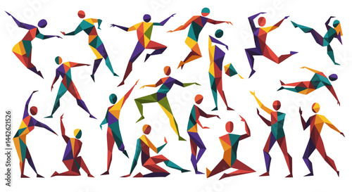 Geometric figures in dynamic poses colorful polygonal design abstract human forms