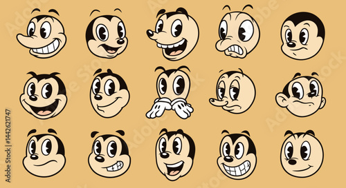 Six Retro Cartoon Character Faces with Varied Expressions