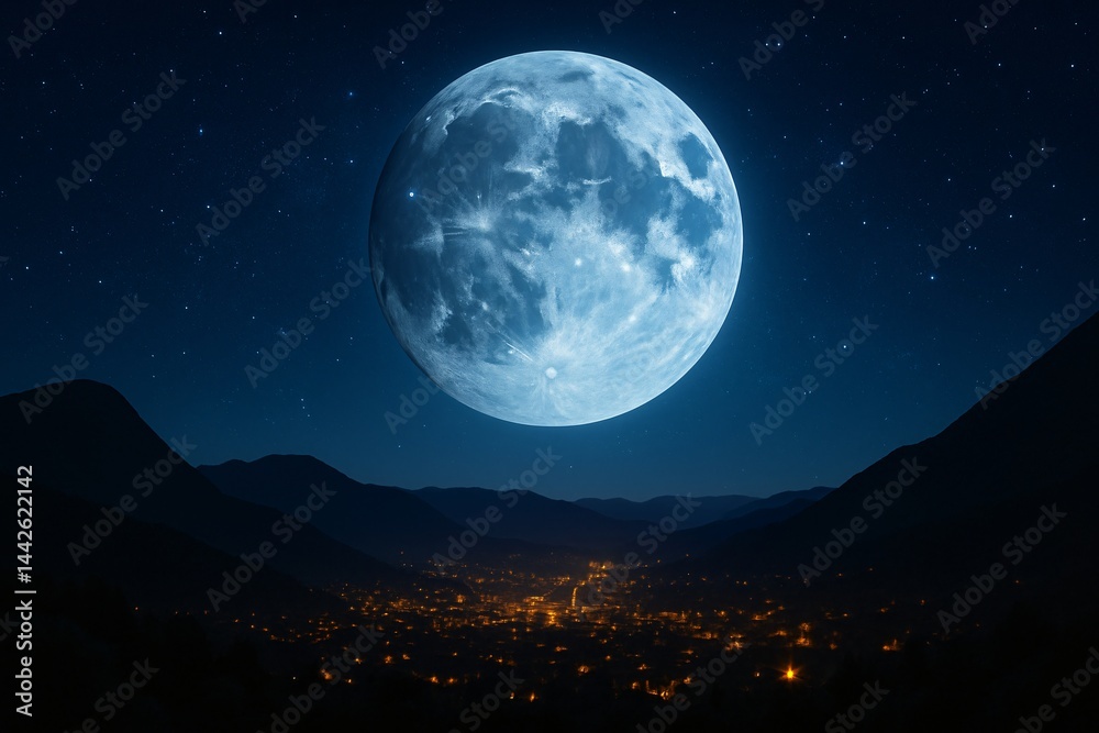 Full moon over mountain valley with small town below Full moon over mountain valley with small town below