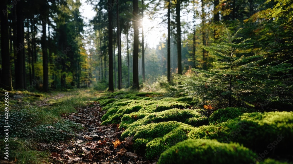 Fototapeta premium Green moss with relax mood in green forest concept. Lush green moss in a serene forest setting.