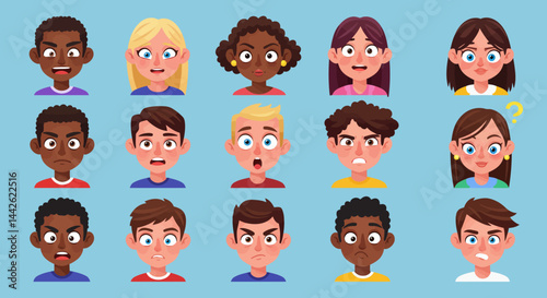 Diverse Childrens Expressive Faces Surprise Anger and Excitement