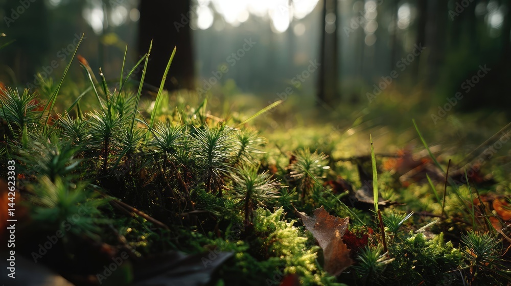 Fototapeta premium Green moss with relax mood in green forest concept. Lush green moss covering forest floor.