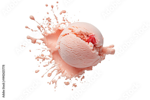 Strawberry ice cream scoop with pink splash isolated on transparent background