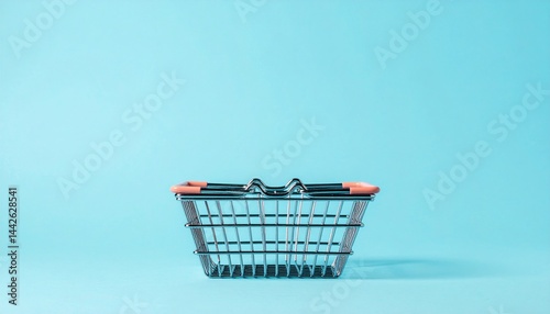 Shopping basket display minimalist background product photography studio setting close-up view retail concept for online sales