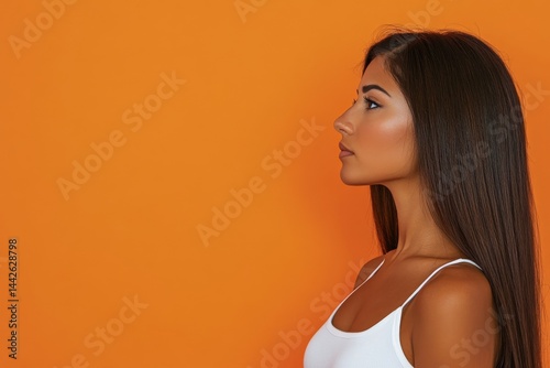 In a half-length portrait, a beautiful and youthful businesswoman stands isolated on a red background, her face capturing the essence of human emotions and facial expressions in a profile shot