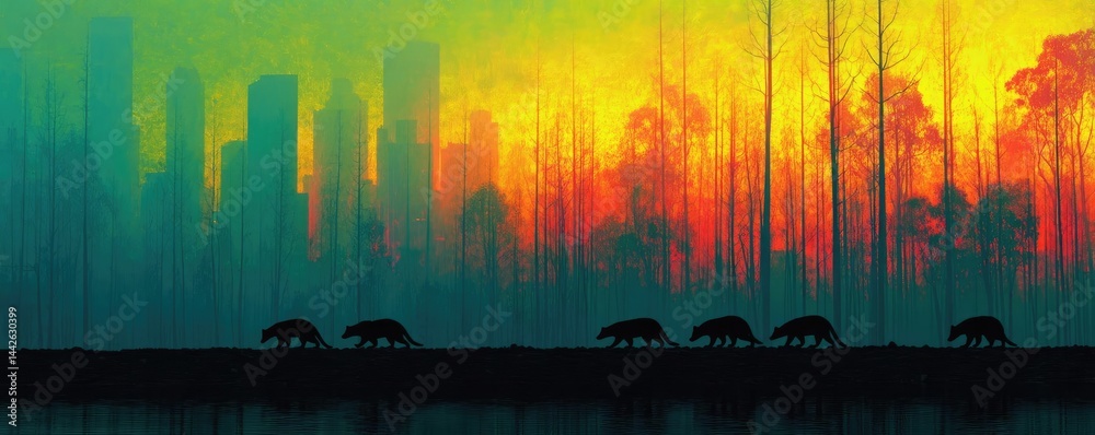 Obraz premium Endangered species in crisis from development and fire concept. Silhouetted bears walk against a vibrant, colorful skyline backdrop.