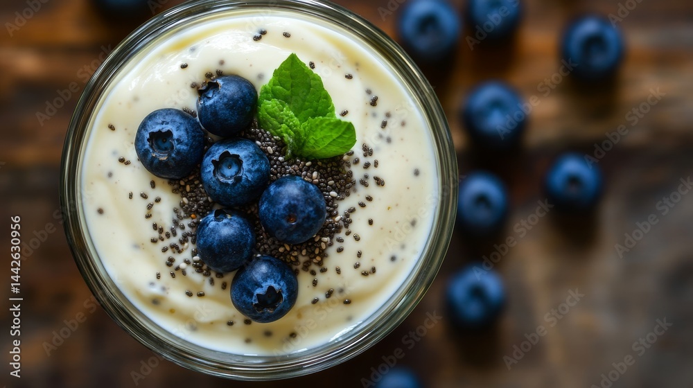 Creamy dessert topped with fresh blueberries and chia seeds on a wooden table Creamy dessert topped with fresh blueberries and chia seeds on a wooden table