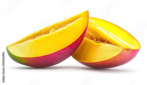 Fresh ripe mango cut in half, shiny texture piece - realistic stock photo on white background